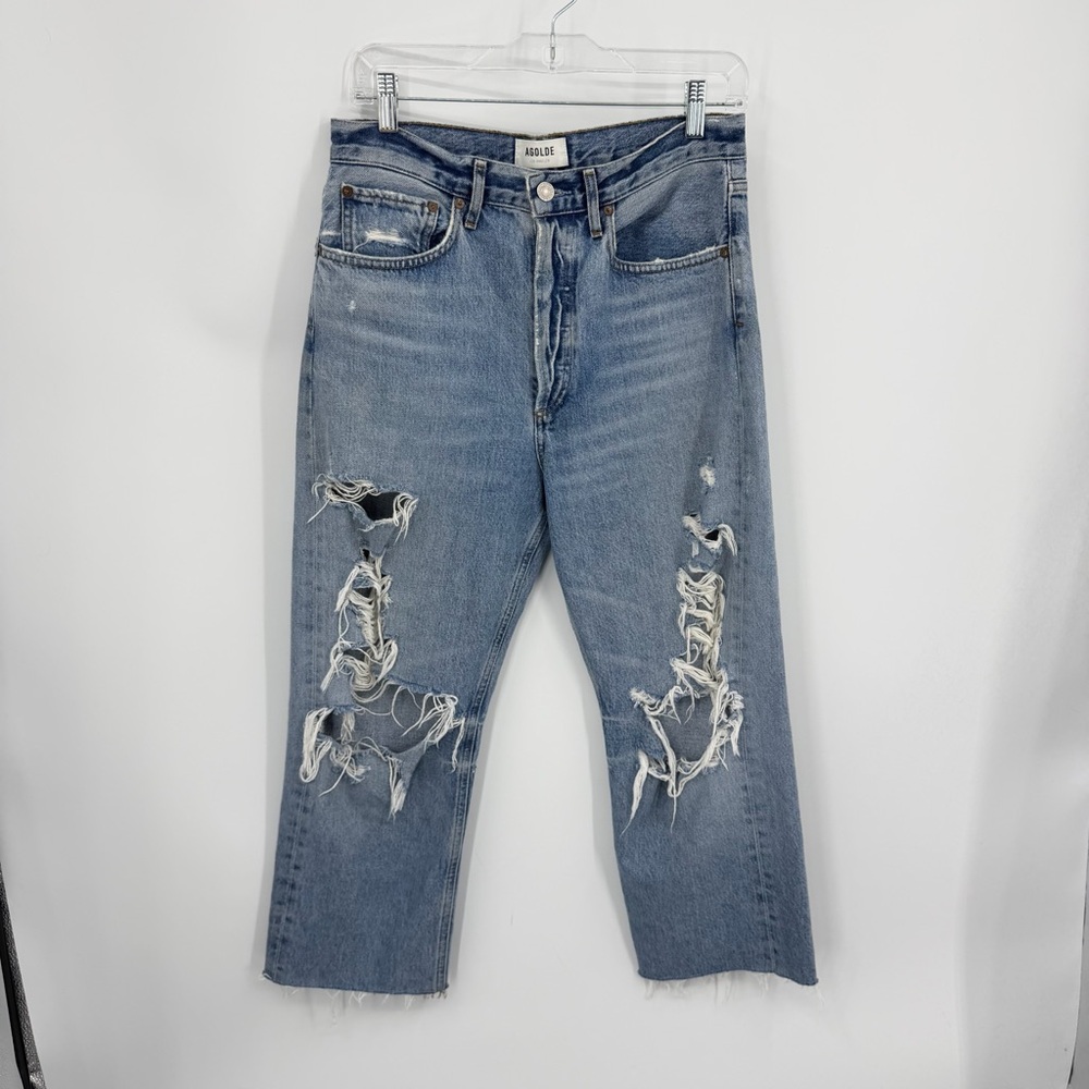 Agolde 90's Mid Rise Loose Fit jeans in blue distressed cotton denim 27